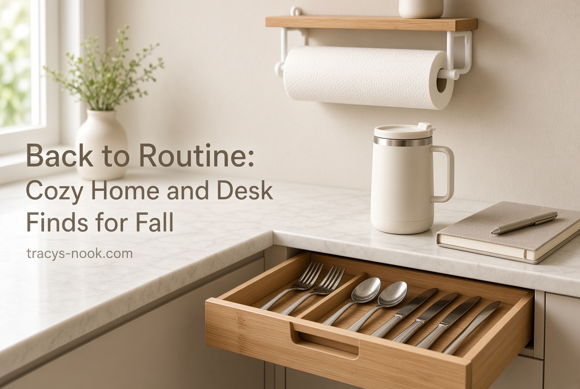 A white paper towel holder on a warm neutral kitchen counter, with the title Back to Routine: Cozy Home and Desk Finds for Fall.