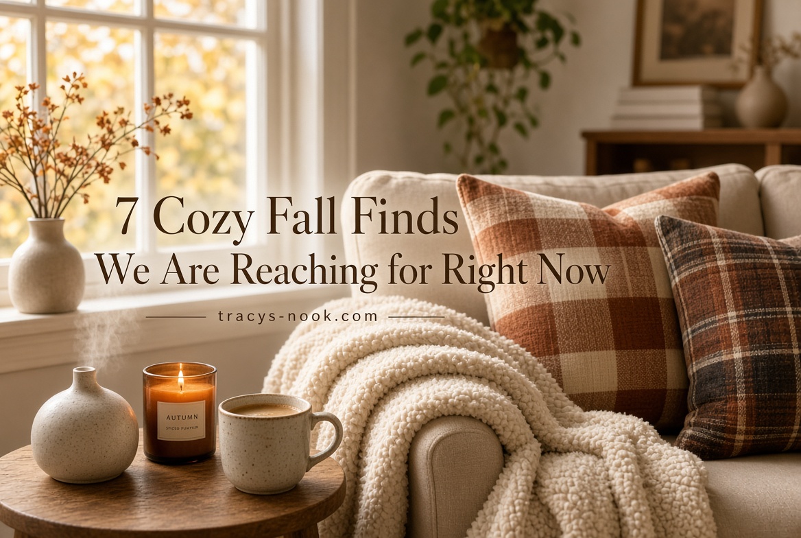 A sunlit window with trailing plants above a soft sofa, with the title Cozy Fall Finds We Are Reaching for Right Now.