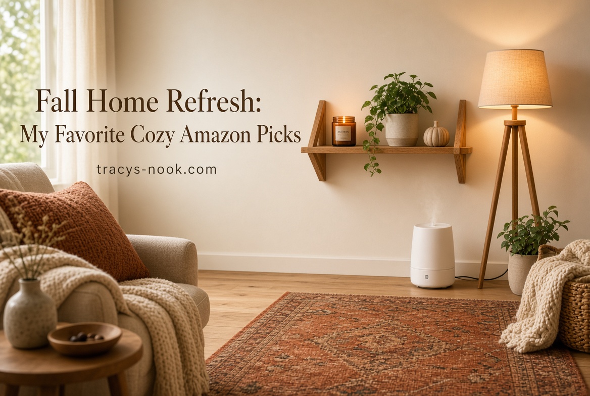 A wooden wall shelf holding a plant and a lit candle above a cushioned sofa, with the title Fall Home Refresh: My Favorite Cozy Amazon Picks.