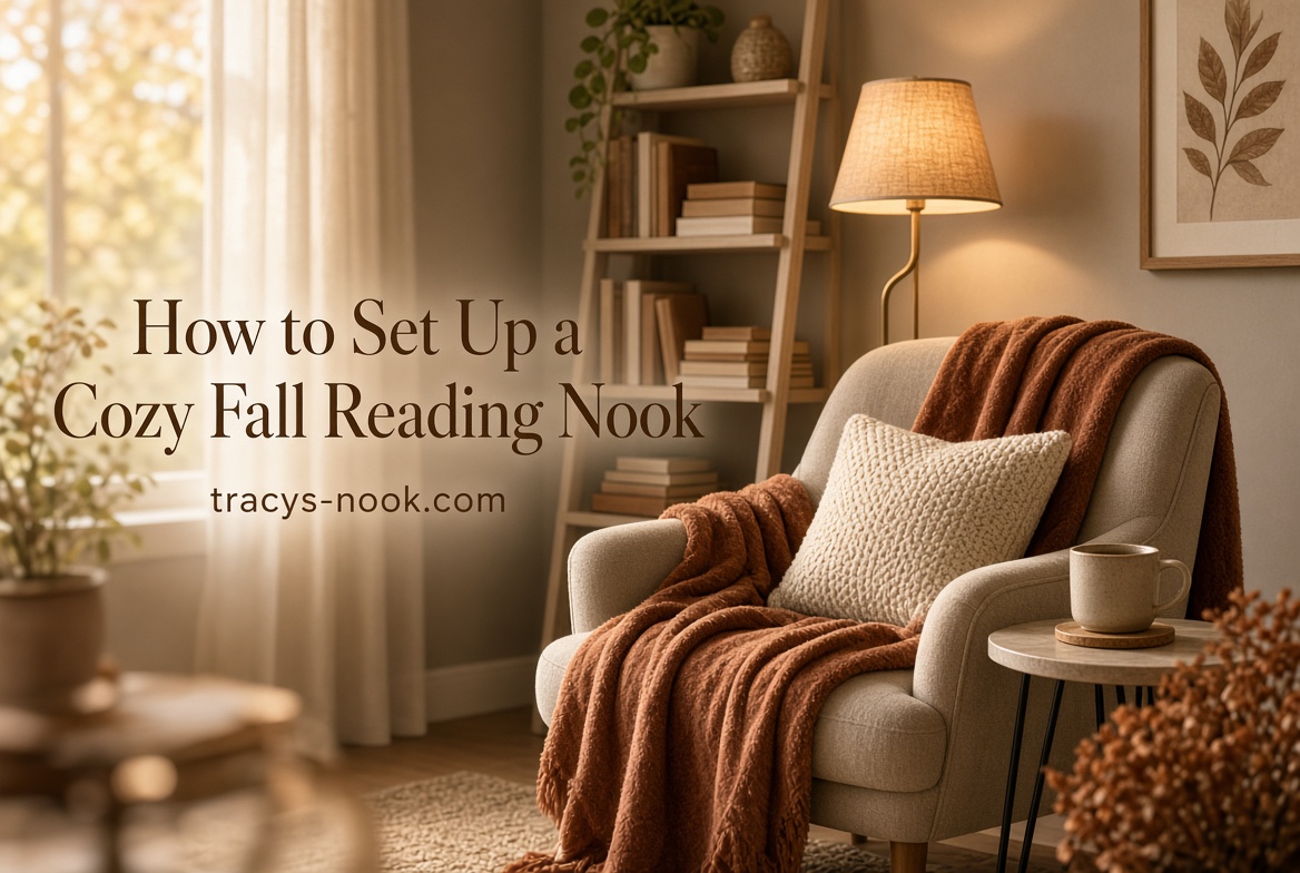 A cream armchair with a folded throw blanket and a warm floor lamp behind it, with the title How to Set Up a Cozy Fall Reading Nook.