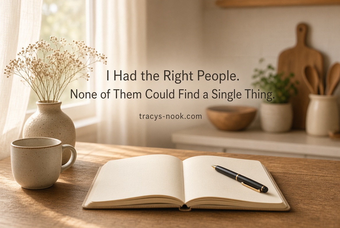 A softly lit neutral interior, with the title I Had the Right People. None of Them Could Find a Single Thing.