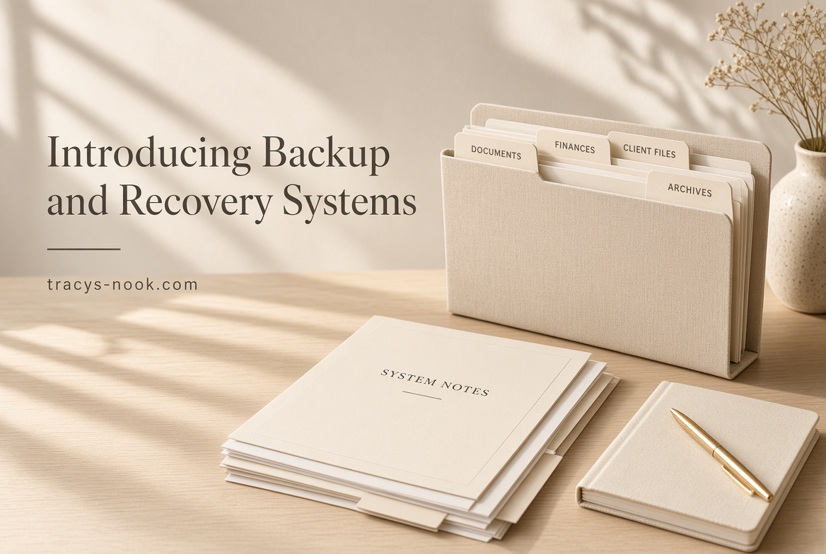 A calm desk scene with a notebook in warm light, with the title Introducing Backup and Recovery Systems.