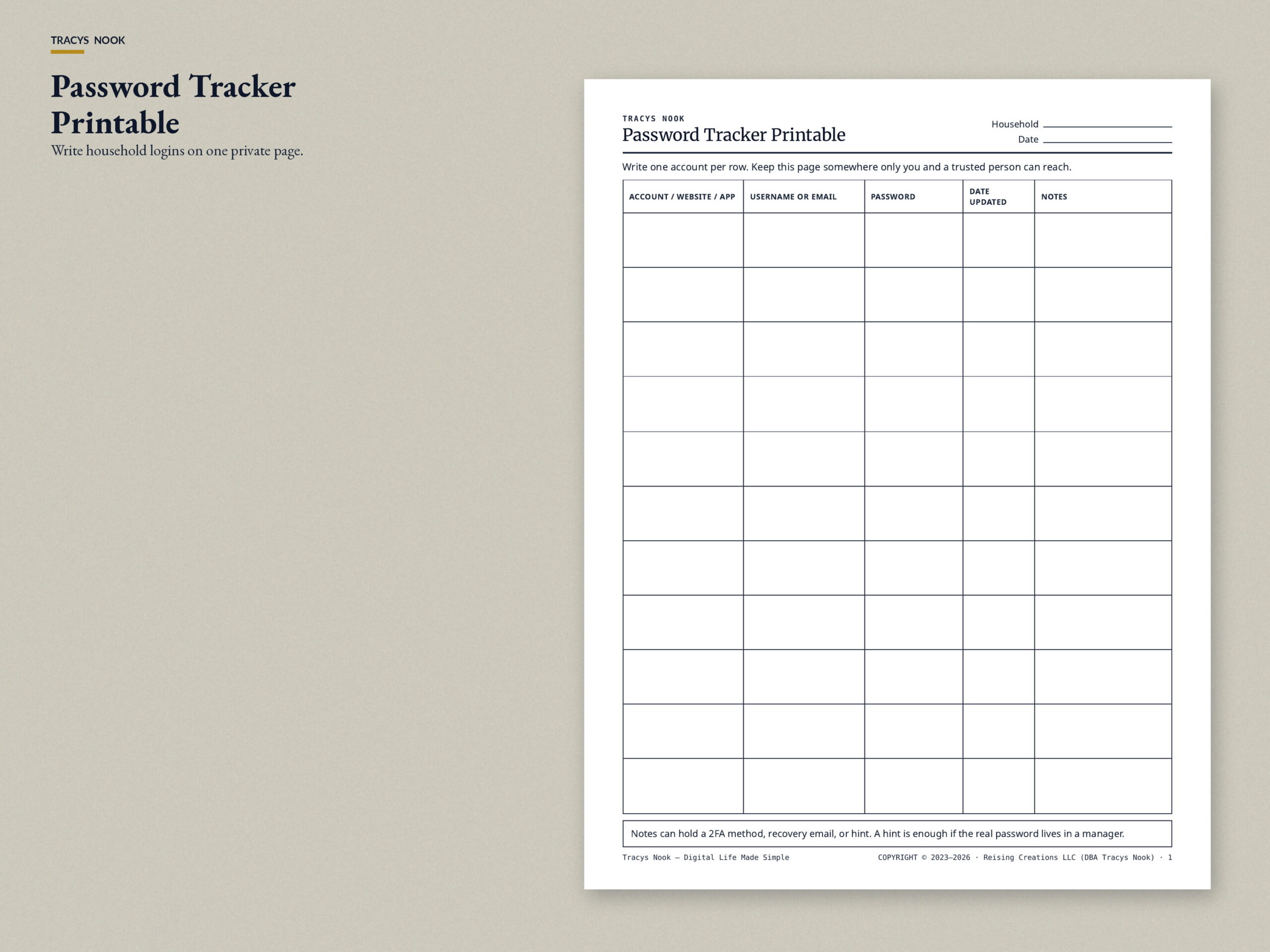 Password tracker printable for household logins