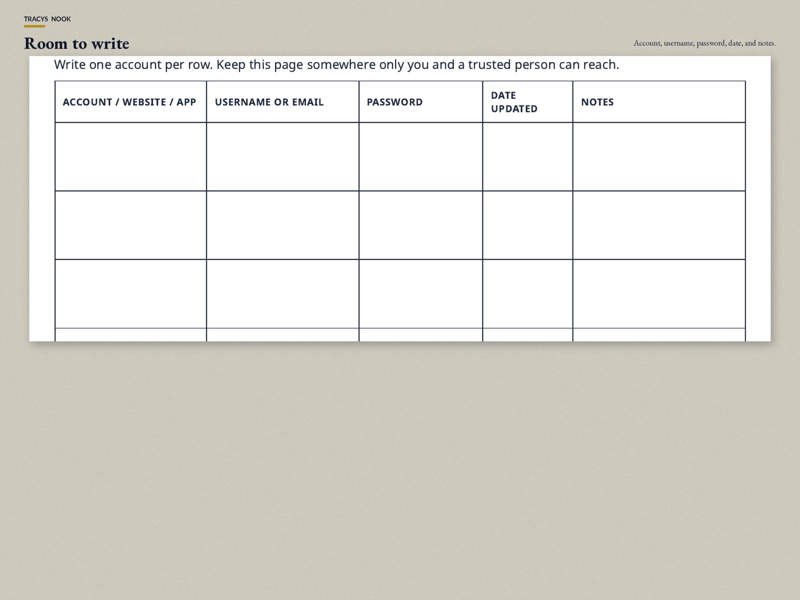 Password Tracker worksheet close-up