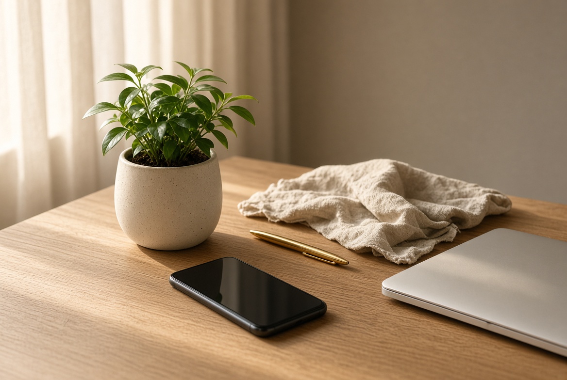 Phone and laptop on an oak desk